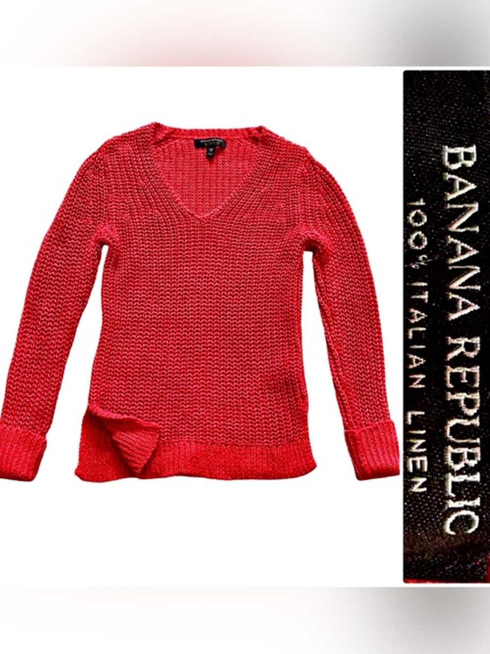 Banana Republic Gorgeous Bright Coral Red V-Neck 100% Italian Linen Knit Sweater